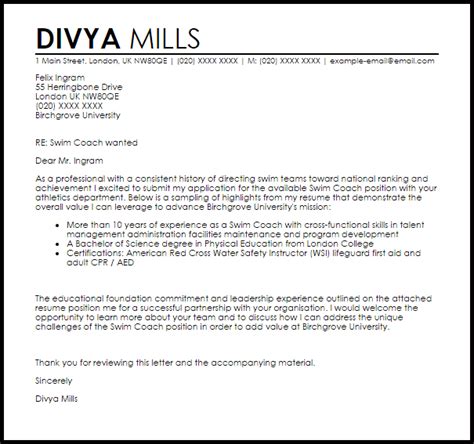Using a logo in your letterhead, some hints of color and including the date and hirer's address are all easy ways you can give your cover letter a professional edge. Swim Coach Cover Letter Sample | Cover Letter Templates ...
