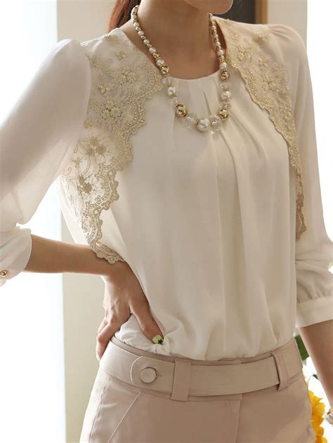 White Korean Lace Stitching Chiffon Shirt Women Long
