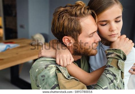 Masculine Sad Military Man Hugging Her Stock Photo 1893780016