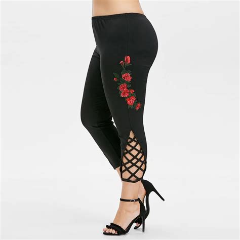 Kenancy Plus Size High Waist Applique Capri Leggings Fashion Sexy Embroidery Floral Black