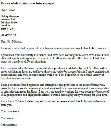 Your contact information victor jons 8746 nightingale street camden, sc29068 mobile: Finance Administrator Cover Letter Example - Learnist.org