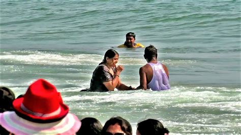 Puri Sea Beaches Are Filled With Tourist People Many Couples Are Bathing And Enjoying The Wave