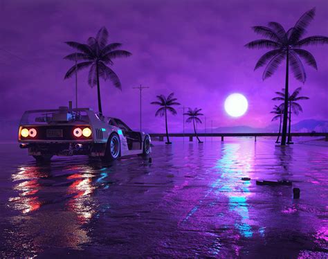 Download Purple Night Moon Car Artistic Retro Wave Hd Wallpaper By