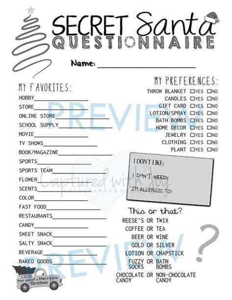 Printable Secret Santa Questionnaire For T Exchange Work Etsy