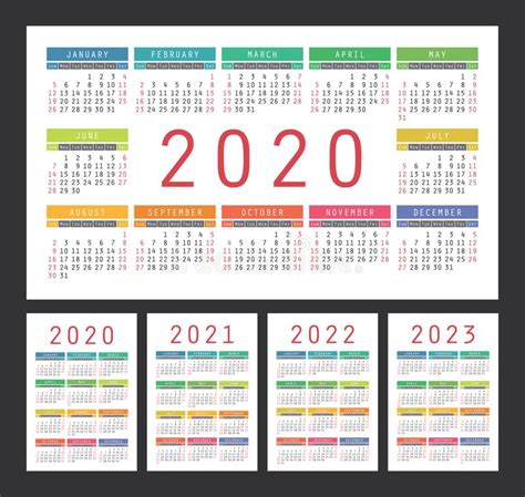 Calendar 2020 Year Vector Template Collection Colorful English Pocket