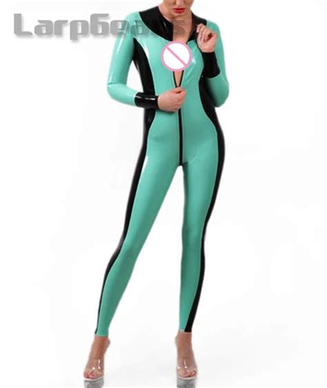 Blue And Black Latex Catsuits Latex Rubber Bodysuits Exotic Costumes Jumpsuit Front Zipper In