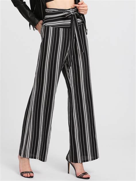 Shop Self Belted Vertical Striped Pants Online Shein Offers Self