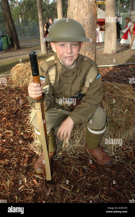 Young Boy Poses As Little Australian Digger Ww1 Dsc 1298 Stock Photo