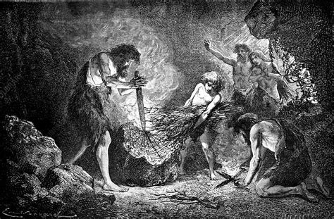 Cave Man Making Fire 1849 Illustration Of A Prehistoric Tribe Making