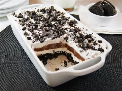 1 pack oreo cookies, 1/2 cup melted butter, 2 packs instant chocolate pudding, 3 1/4 cups cold milk, 1 pack cream cheese, softened, 1 cup powdered sugar, 2 tubs cool whip. Classic Oreo Icebox Dessert | The Kitchen is My Playground