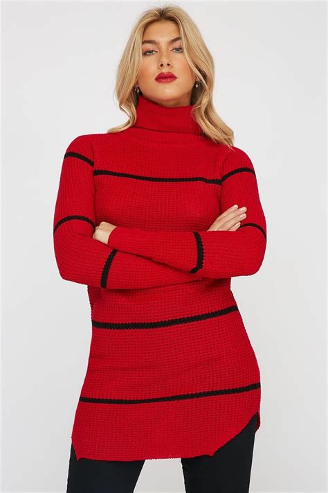 Women Longline Striped Turtleneck Sweater Red Sweaters Striped
