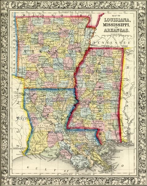 Antique Map Of Louisiana Mississippi And Arkansas 1863 8 X 10 To 32 X
