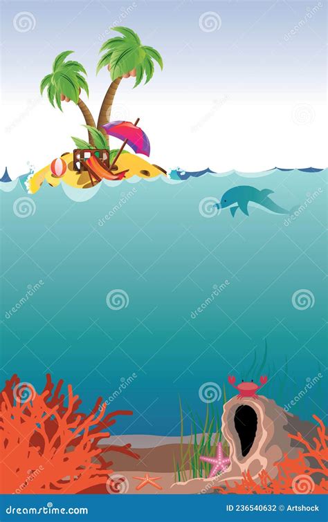 Palm Island Underwater Coral Reef And Cave Stock Vector Illustration
