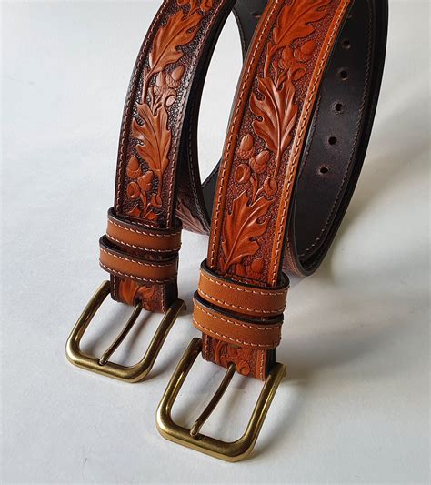 Mens Leather Belt Oak Leaf Belt Cowboy Leather Belt Etsy