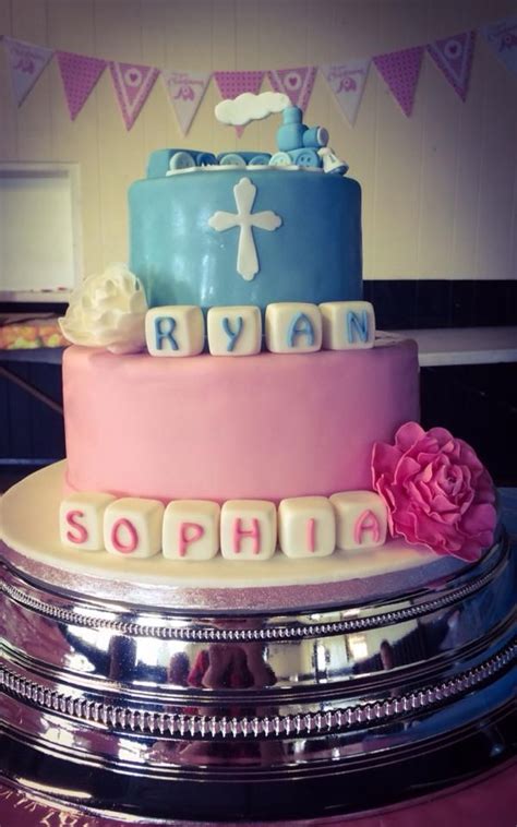 2 Tier Christening Cake For Twins With Pink And White Roses Blue Train