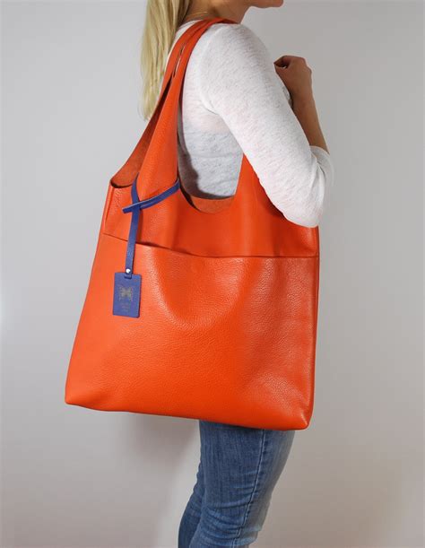Trendy Leather Bag Orange Genuine Leather Women Tote Etsy