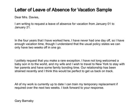 Letter Of Request For Vacation Leave Sample Templates
