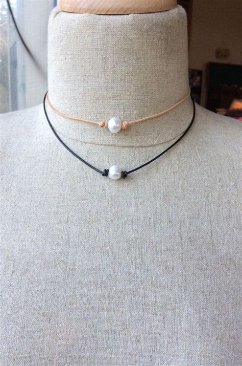 Leather Pearl Choker Knotted Pearl Leather Necklace Two Pearl Clasp