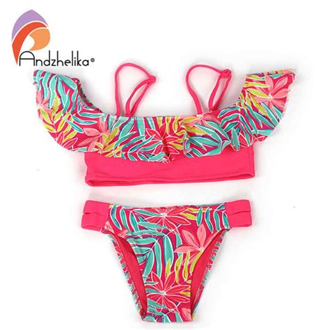 Andzhelika Bikini Girls Swimwear Summer Print Leaves Ruffle Bikinis Set