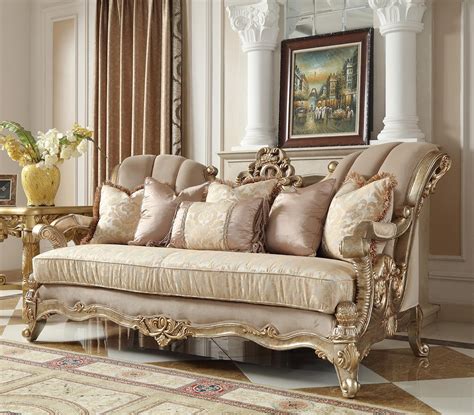 Champagne Chenille Sofa Set 3pcs Carved Wood Traditional Homey Design
