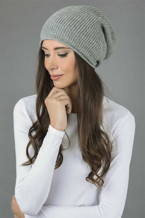 pure cashmere ribbed knitted slouchy beanie hat in light grey italy in cashmere uk