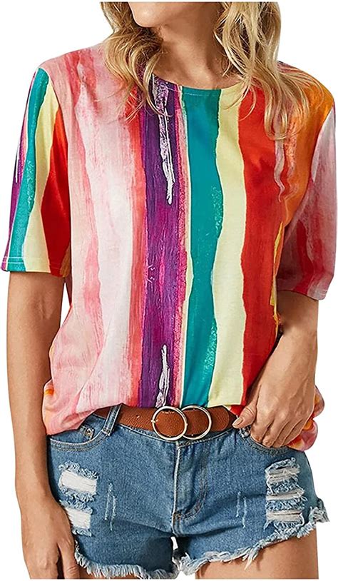 Womens Casual Summer Shirts Short Sleeve Rainbow Striped Print Tees