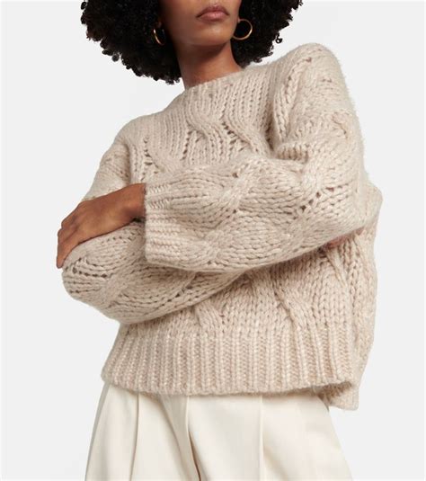 Cable Knit Mohair Blend Sweater In Beige Brunello Cucinelli