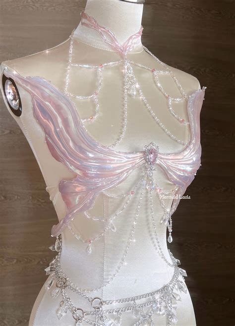 Pink Shimmering Angel Wings Resin Mermaid Corset Bra Top Cosplay Costu