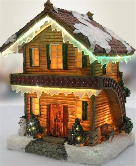 Christmas Snow Village Log Cabin Chalet Fiber Optic Led Christmas