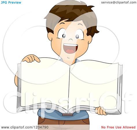 Cartoon Of A Happy Brunette School Boy Pointing To A Blank Book