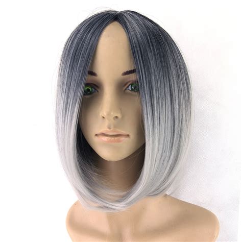Omber Wig Grey Wig Black To Gray Short Women Hair Wigs Synthetic Heat