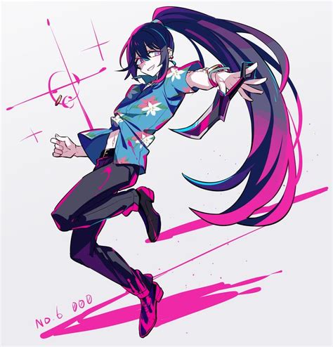 An Anime Character With Long Purple Hair And Black Pants Holding Her Arms Out In The Air