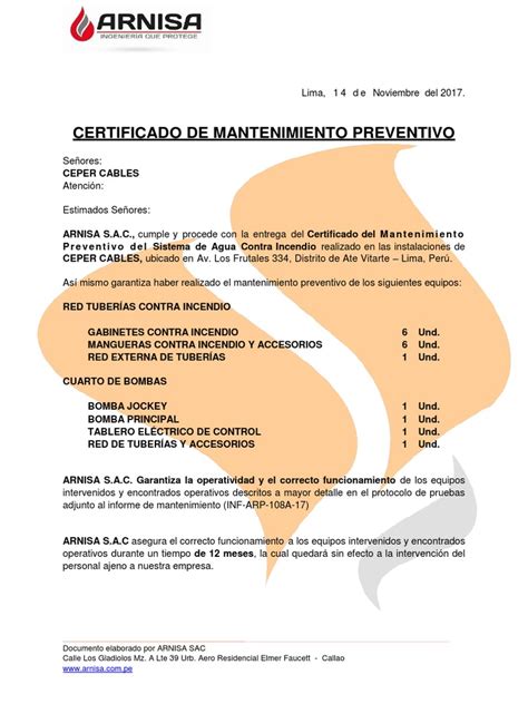 Certificado De Mantenimiento Aci