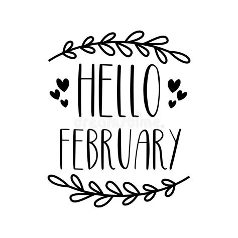 Hello February Text With Heart And Leaves Stock Vector Illustration