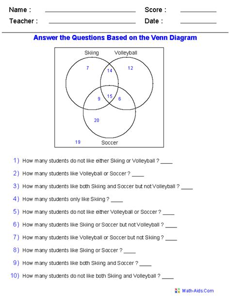 Venn Diagram Probability Worksheet With Answers