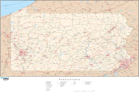 Pennsylvania Wall Map With Roads By Map Resources Mapsales