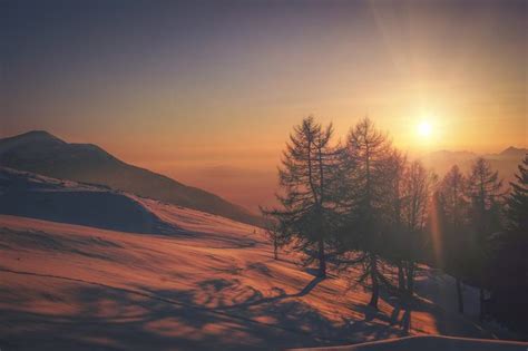 Free Photo Winter Landscape On A Sunset Mountains