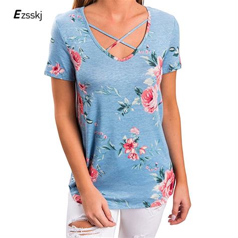 Pink Blue T Shirts Women Tops Lady Elegant 2017 Summer Floral Shirts