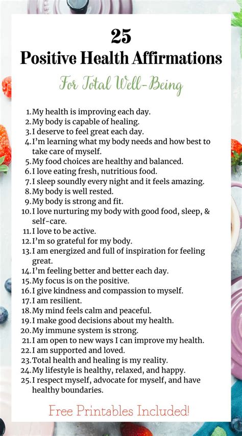 Positive Health Affirmations For Well Being Free Pdf Printable Cards Worksheet