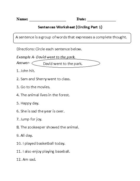 Simple Sentences Worksheets Circling Simple Sentences Worksheet