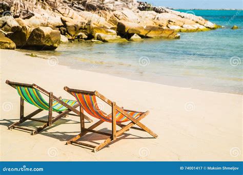 Lounge Chairs On A Tropical Beach At Summer Stock Image Image Of Blue