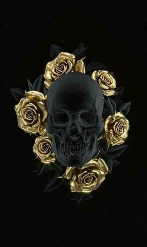 Black Skull And Gold Roses Skull Artwork Skull Art