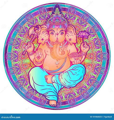 Hindu Lord Ganesha Sobre A Mandala Colorida Ornamentado Illustra Do