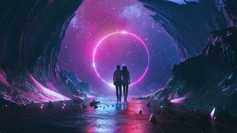 Wallpaper Couple People Love Neon Purple Sky Portal