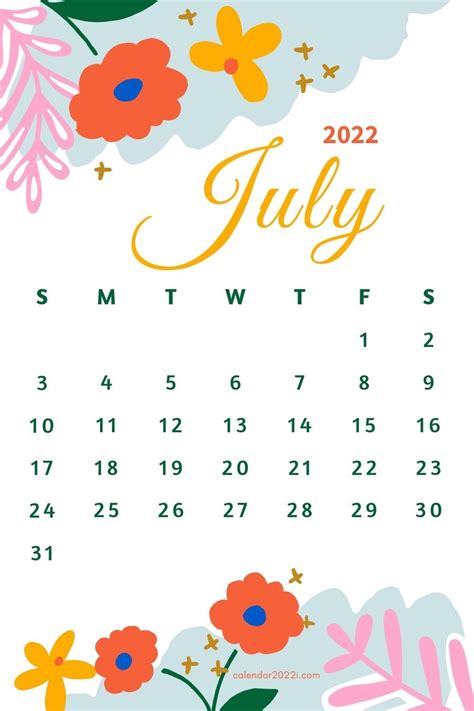 Floral July 2022 Calendar With Beautiful Flowers Printable Calendar