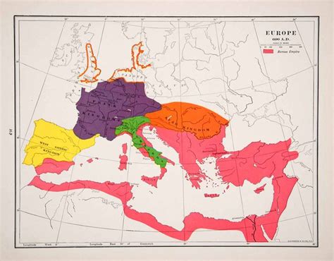 1947 Lithograph Europe Roman Empire Avar Kingdom Lombards Frank Saxons