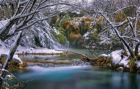 Wallpaper Forest Snow River Croatia Plitvice Lakes Images For