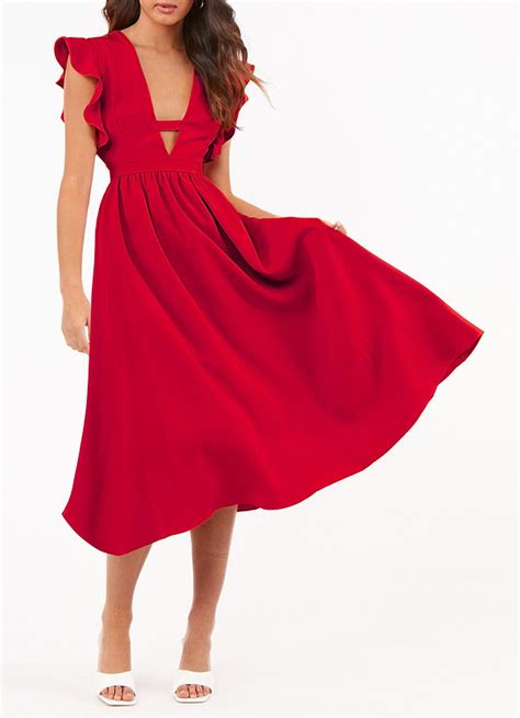 Red Regal Ruffles Red Satin Flutter Sleeve Midi Dress Dresses Azazie