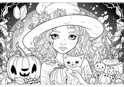 Young Witch And Her Cat Halloween Adult Coloring Pages