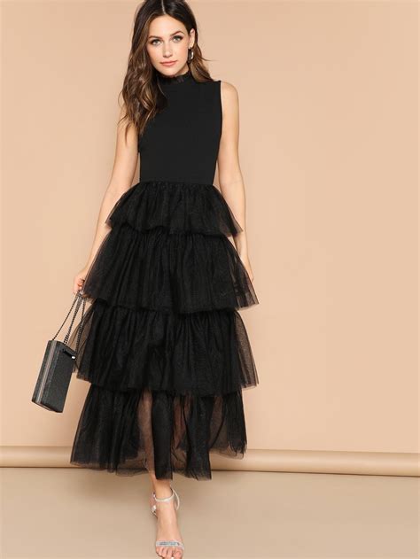 Black Mixed Media Layered Mesh Ruffle Dress Cs907380 в 2020 г Наряды Идеи наряда Платья